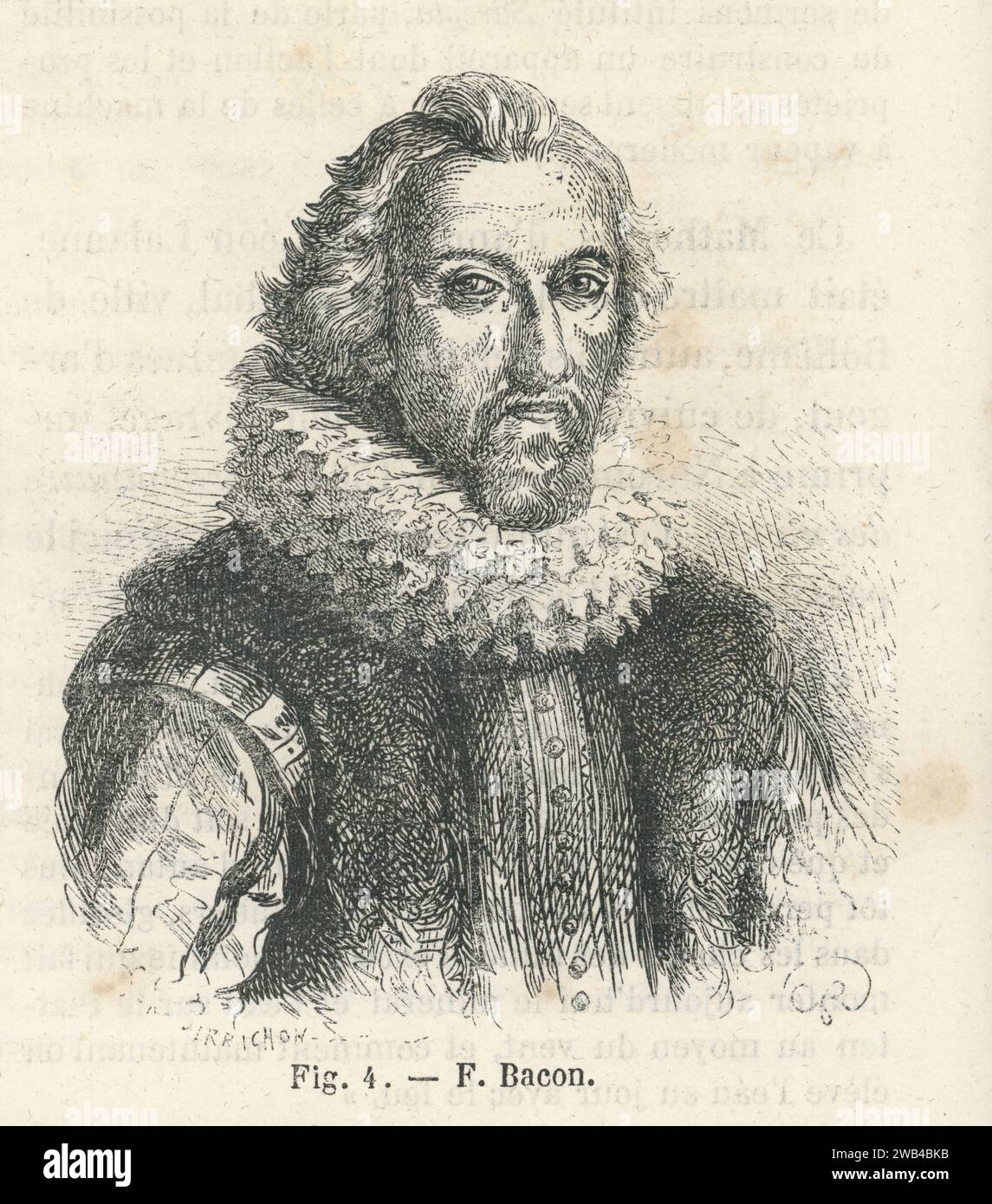 Ritratto del filosofo inglese Francis Bacon (XV-XVI secolo) illustrazione da Les Merveilles de la Science ou description populaire des inventions modernes scritto da Louis Figuier e pubblicato nel 1867 da Furne, Jouvet et Cie Foto Stock