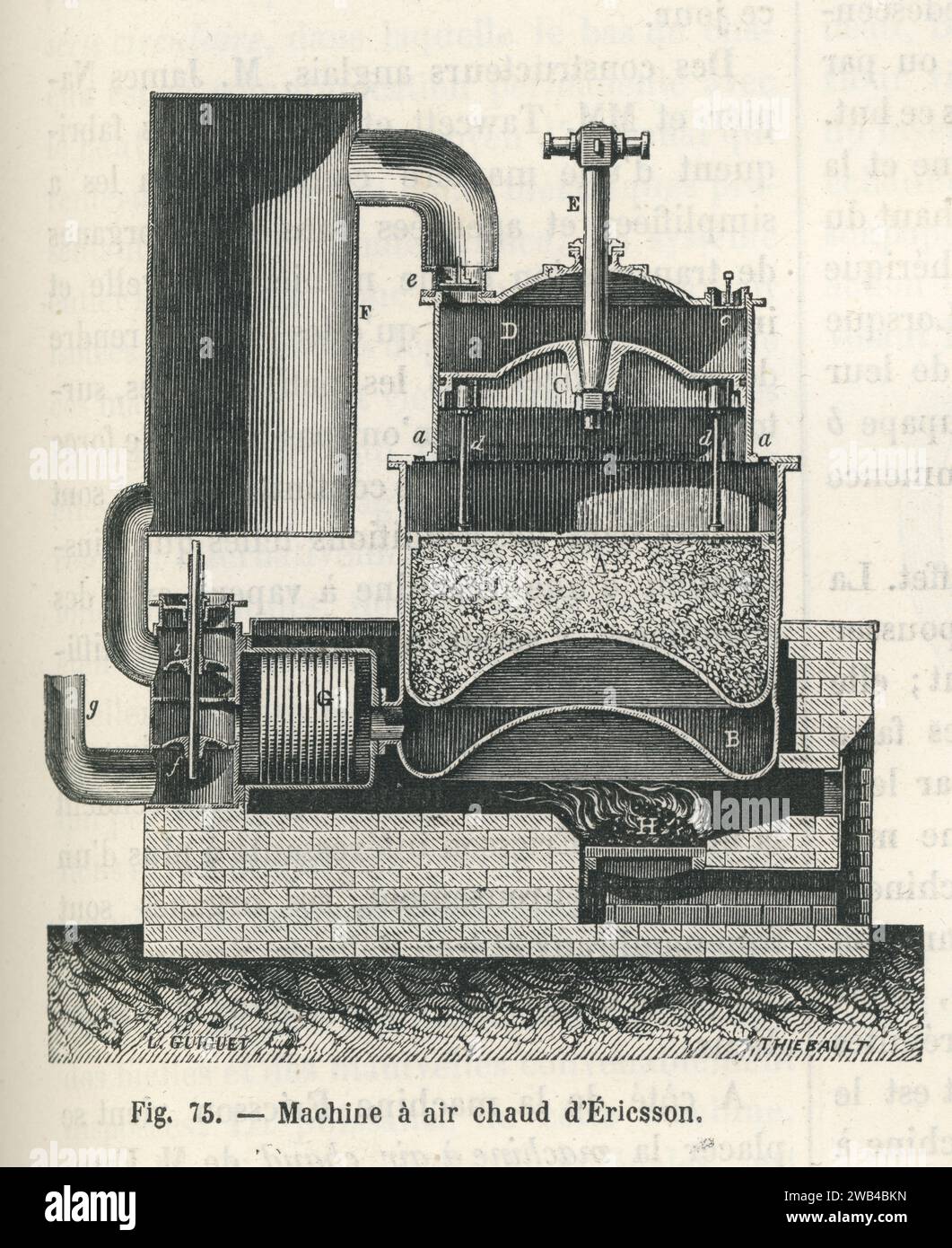 Macchina ad aria calda o motore a combustione esterna inventato da John Ericsson nel 1833. Illustrazione da "Les Merveilles de la Science ou description populaire des inventions modernes" scritta da Louis Figuier e pubblicata nel 1867 da Furne, Jouvet et Cie Foto Stock