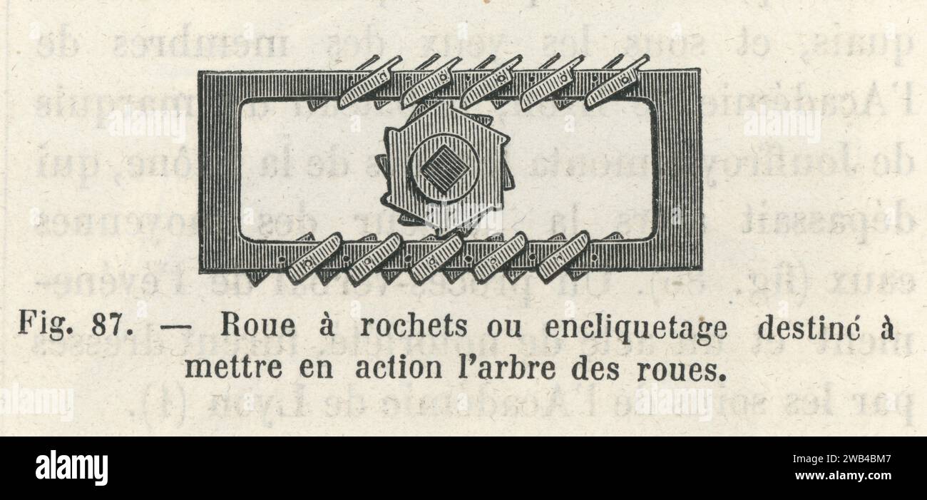 Schema di una ruota di arresto a denti utilizzata per azionare il semiasse di un battello a vapore. Illustrazione da "Les Merveilles de la Science ou description populaire des inventions modernes" scritta da Louis Figuier e pubblicata nel 1867 da Furne, Jouvet et Cie Foto Stock