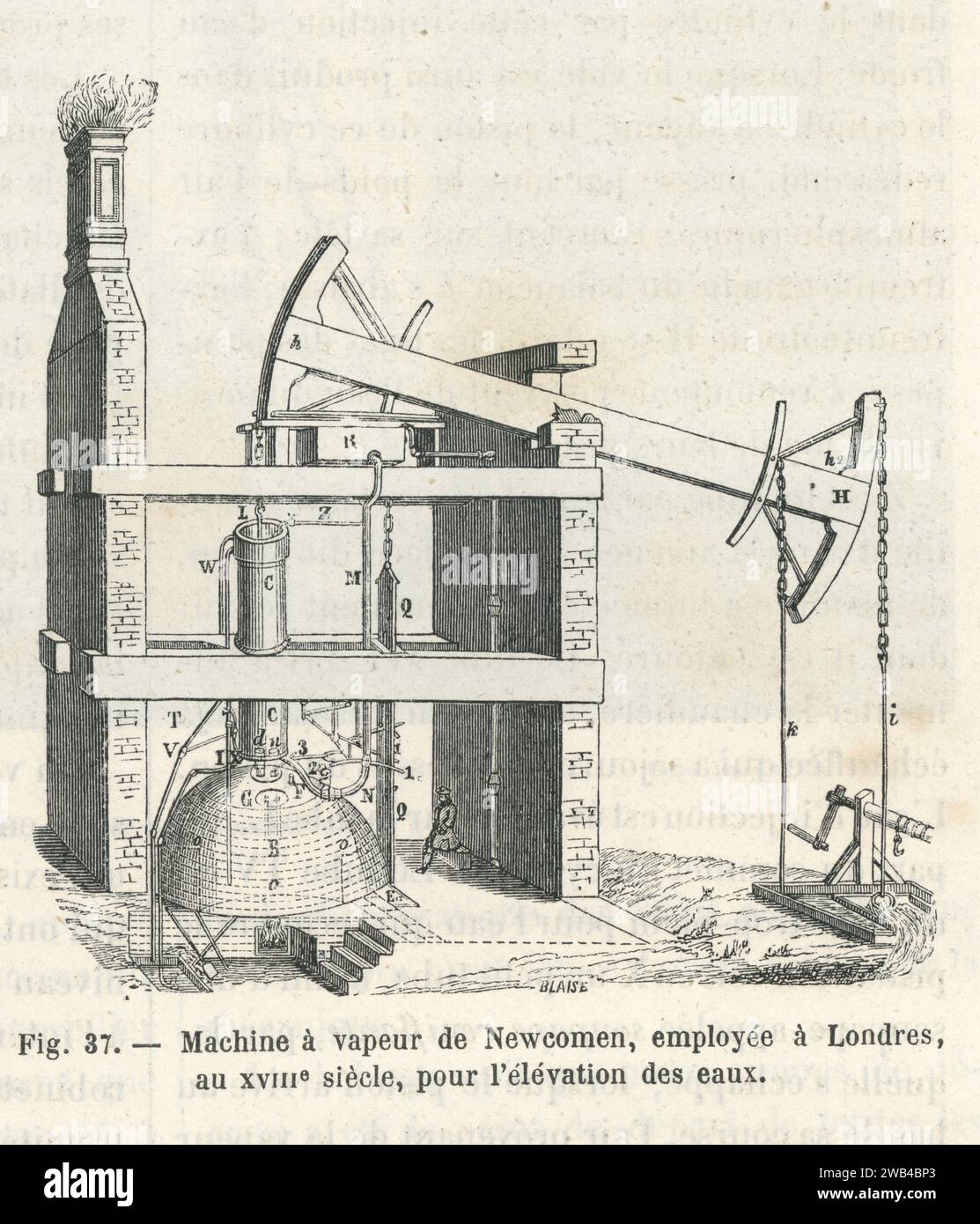 Diagramma del motore a pendolo alimentato a vapore ("motore atmosferico") sviluppato dall'inventore inglese Thomas Newcomen nel 1712. In particolare, veniva utilizzato per pompare acqua dalle miniere di carbone. Illustrazione da "Les Merveilles de la Science ou description populaire des inventions modernes" scritta da Louis Figuier e pubblicata nel 1867 da Furne, Jouvet et Cie Foto Stock