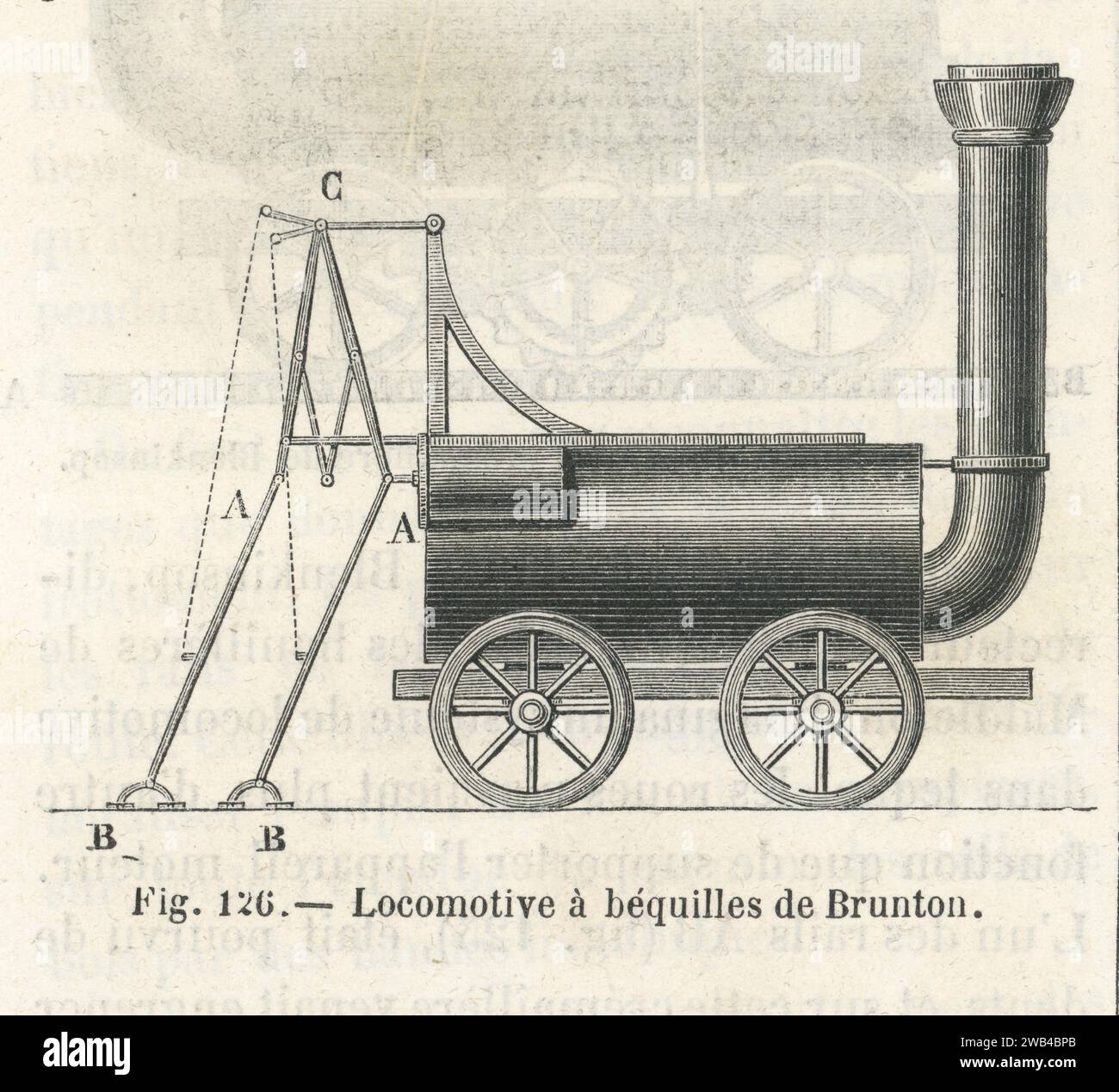 La locomotiva "Steam Horse" (o "Mechanical Traveller"), progettata dall'ingegnere scozzese William Brunton. Illustrazione da "Les Merveilles de la Science ou description populaire des inventions modernes" scritta da Louis Figuier e pubblicata nel 1867 da Furne, Jouvet et Cie Foto Stock