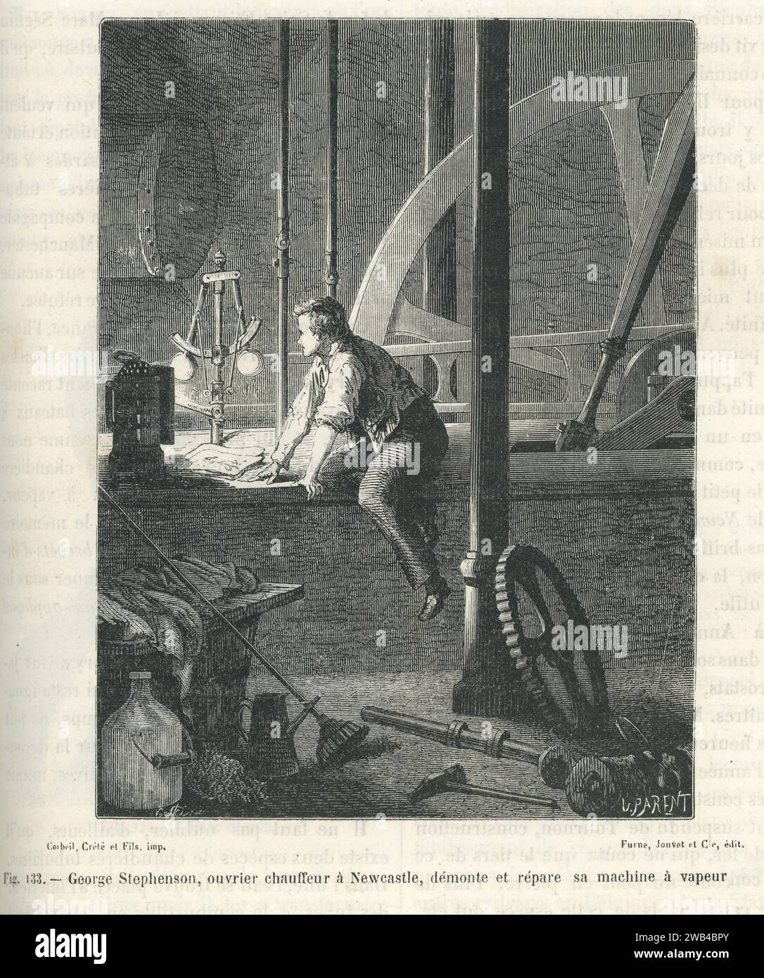L'ingegnere britannico George Stephenson, poi un autista a Newcastle, smantellò e riparò il suo motore a vapore. 1814 illustrazione da "Les Merveilles de la Science ou description populaire des inventions modernes" scritta da Louis Figuier e pubblicata nel 1867 da Furne, Jouvet et Cie Foto Stock