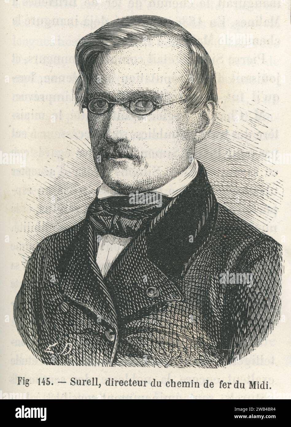 Ritratto di Alexandre Surell, un ingegnere ferroviario francese che era direttore della compagnie des Chemins de fer du Midi a Parigi. Illustrazione da "Les Merveilles de la Science ou description populaire des inventions modernes" scritta da Louis Figuier e pubblicata nel 1867 da Furne, Jouvet et Cie Foto Stock