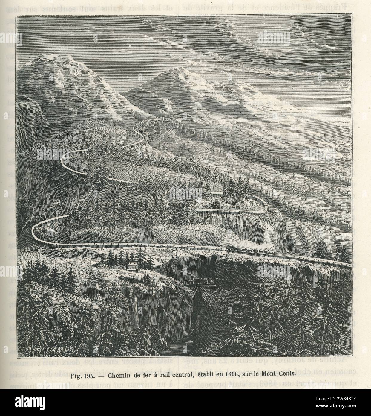 Ferrovia con una terza ferrovia centrale gestita dalla compagnie des chemins de fer du Mont Cenis dal 1866. Illustrazione da "Les Merveilles de la Science ou description populaire des inventions modernes" scritta da Louis Figuier e pubblicata nel 1867 da Furne, Jouvet et Cie Foto Stock