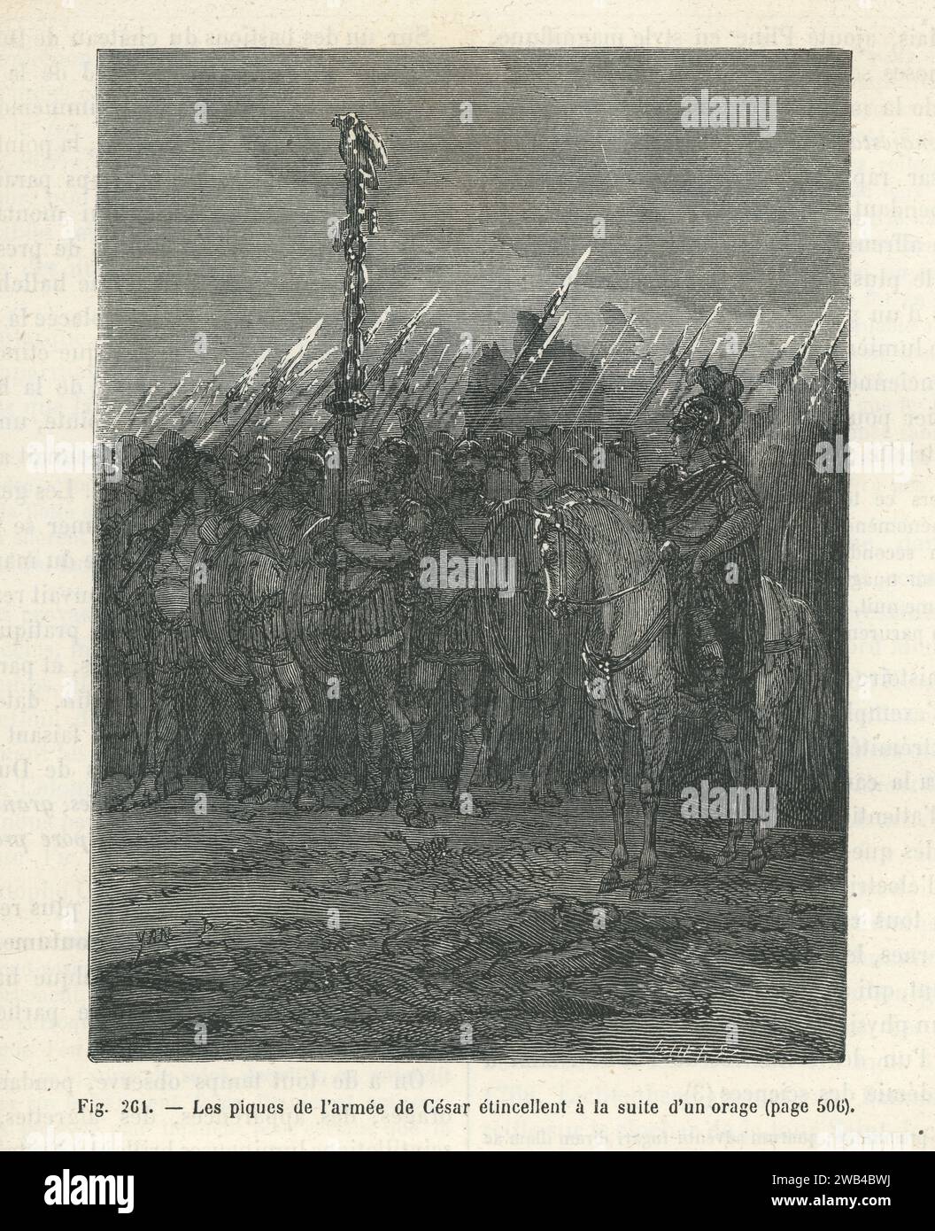 Le punte delle picche usate dai soldati dell'esercito di Cesare scintillanti durante un temporale. Questo fenomeno di scariche elettrostatiche atmosferiche o 'fuoco di Sant'Elmo' fu osservato già nel i secolo d.C. e documentato nel XIX secolo. Illustrazione da "Les Merveilles de la Science ou description populaire des inventions modernes" scritta da Louis Figuier e pubblicata nel 1867 da Furne, Jouvet et Cie Foto Stock