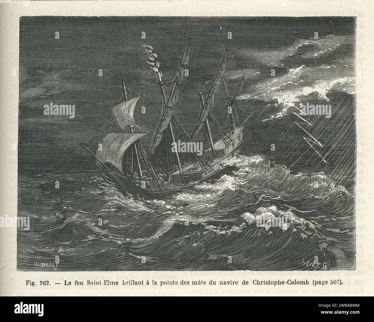 Il fuoco di Sant'Elmo risplende sulle teste della nave di Cristoforo Colombo. Questo fenomeno di scariche elettrostatiche atmosferiche è stato osservato già nel i secolo d.C. e documentato nel XIX secolo. Illustrazione da "Les Merveilles de la Science ou description populaire des inventions modernes" scritta da Louis Figuier e pubblicata nel 1867 da Furne, Jouvet et Cie Foto Stock