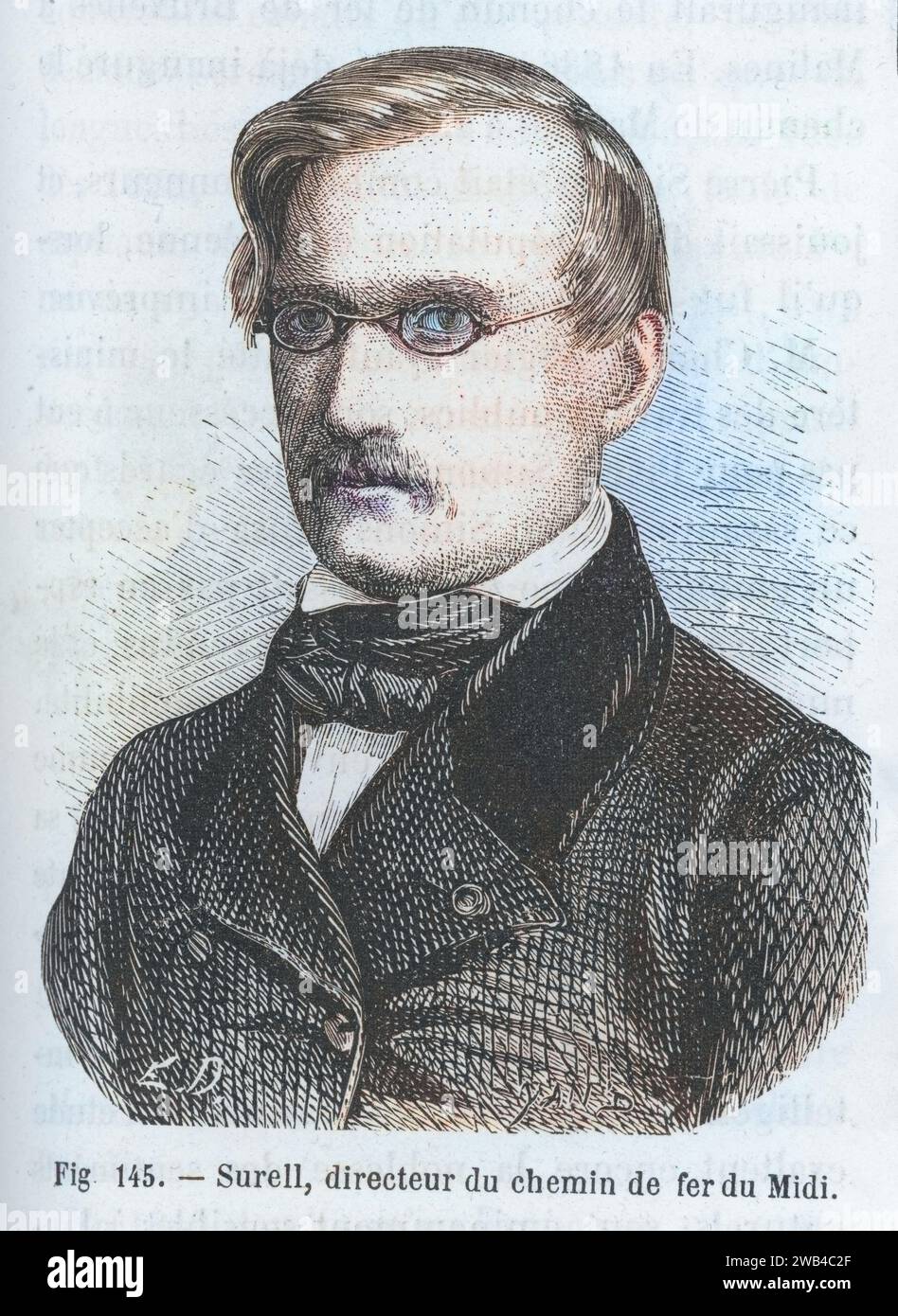 Ritratto di Alexandre Surell, un ingegnere ferroviario francese che era direttore della compagnie des Chemins de fer du Midi a Parigi. Illustrazione da "Les Merveilles de la Science ou description populaire des inventions modernes" scritta da Louis Figuier e pubblicata nel 1867 da Furne, Jouvet et Cie Foto Stock