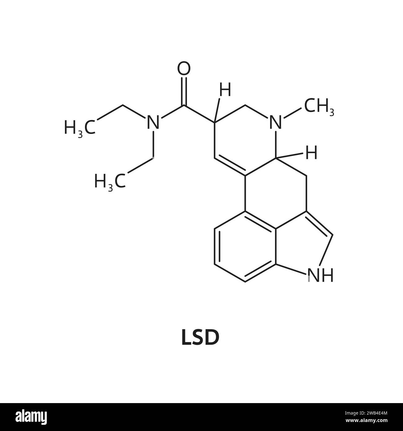 Formula molecolare di farmaco LSD e struttura chimica, modello vettore di farmaci sintetici o organici. LSD farmaco psichedelico in struttura molecolare e formula chimica, sostanza narcotica per farmacia medica Illustrazione Vettoriale