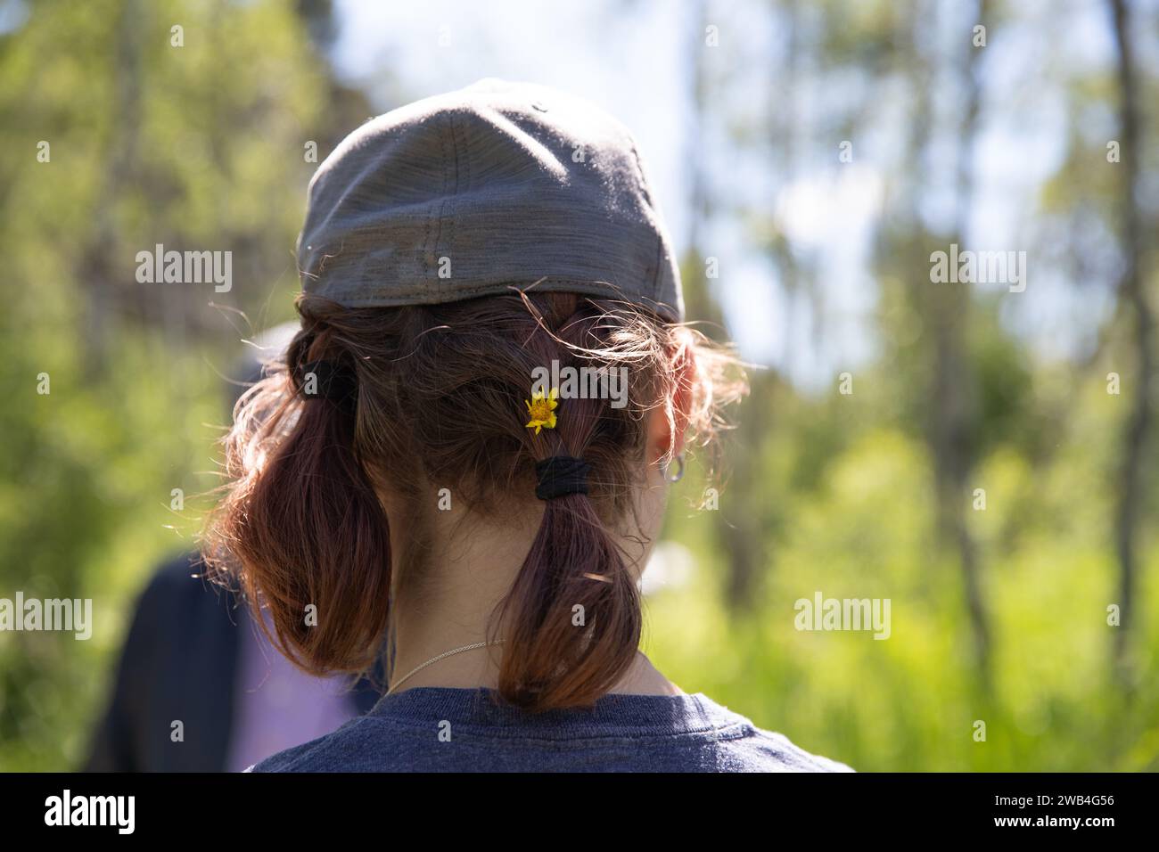 Ragazza adolescente che fa trekking nella foresta, fiore giallo nei capelli, Cypress Hills, Alberta, Canada Foto Stock