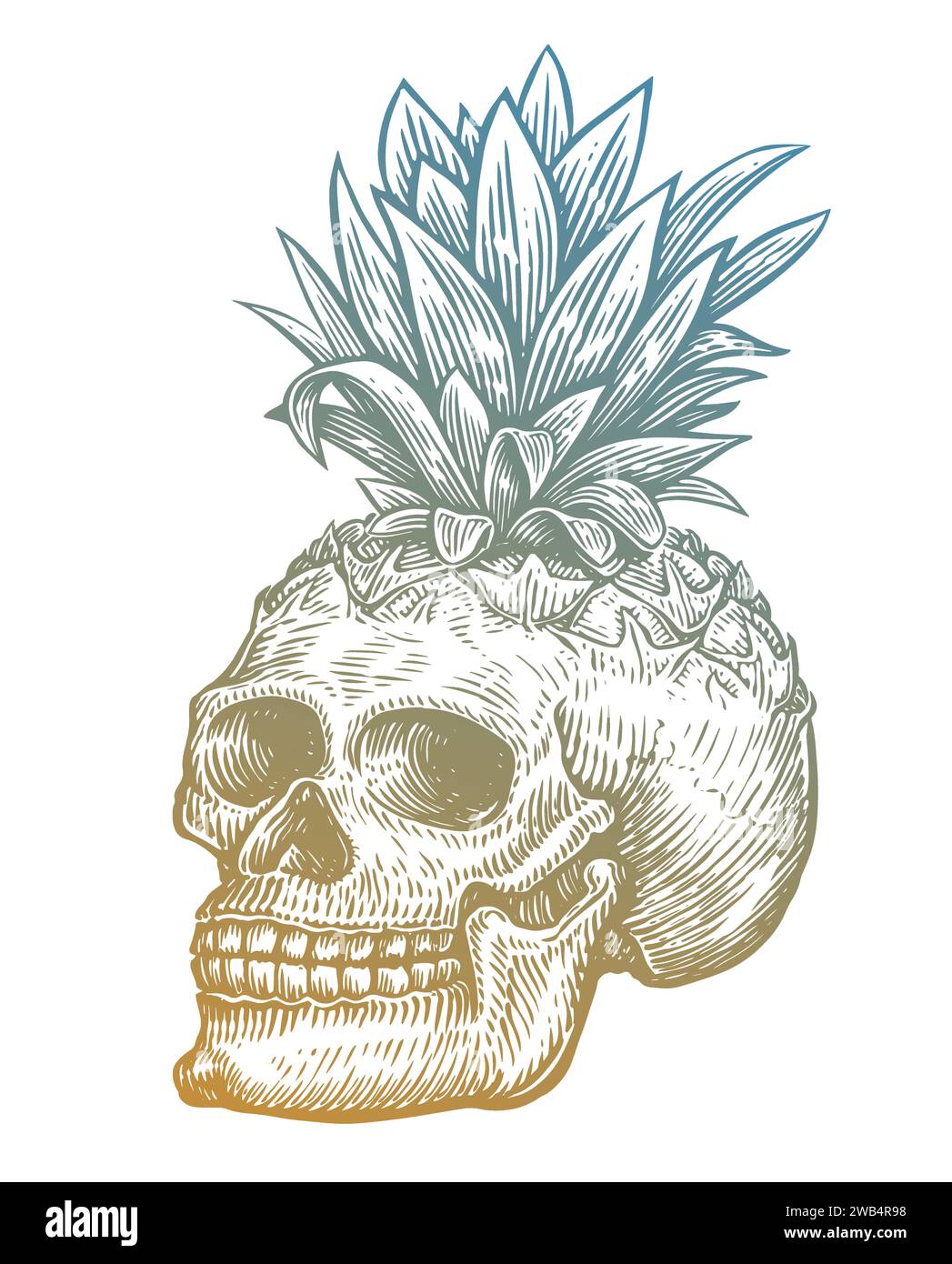 Cranio di ananas. Vacanze tropicali, stampa. Illustrazione del vettore di schizzo disegnato a mano Illustrazione Vettoriale