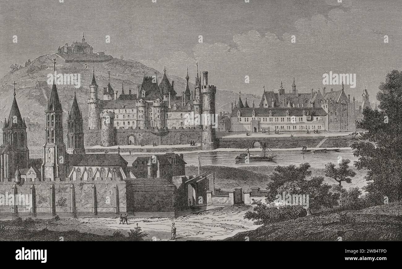 Francia. Parigi. Vista di Saint-Germain-des-Prés e Pré aux Clercs sotto il regno di Carlo V. Abbazia di Saint-Germain-des-Prés (in primo piano), il Louvre (al centro), il Petit-Bourbon (sulla destra), la Senna e Montmartre (in cima alla collina). Facsimile di un'incisione del 1724 in "Histoire de l'Abbaye Royale de Saint Germain des Prez" di Dom Jacques Bouillart. Sciences & Lettres au Moyen Age et à l'époque de la Renaissance. Parigi, 1877. Foto Stock