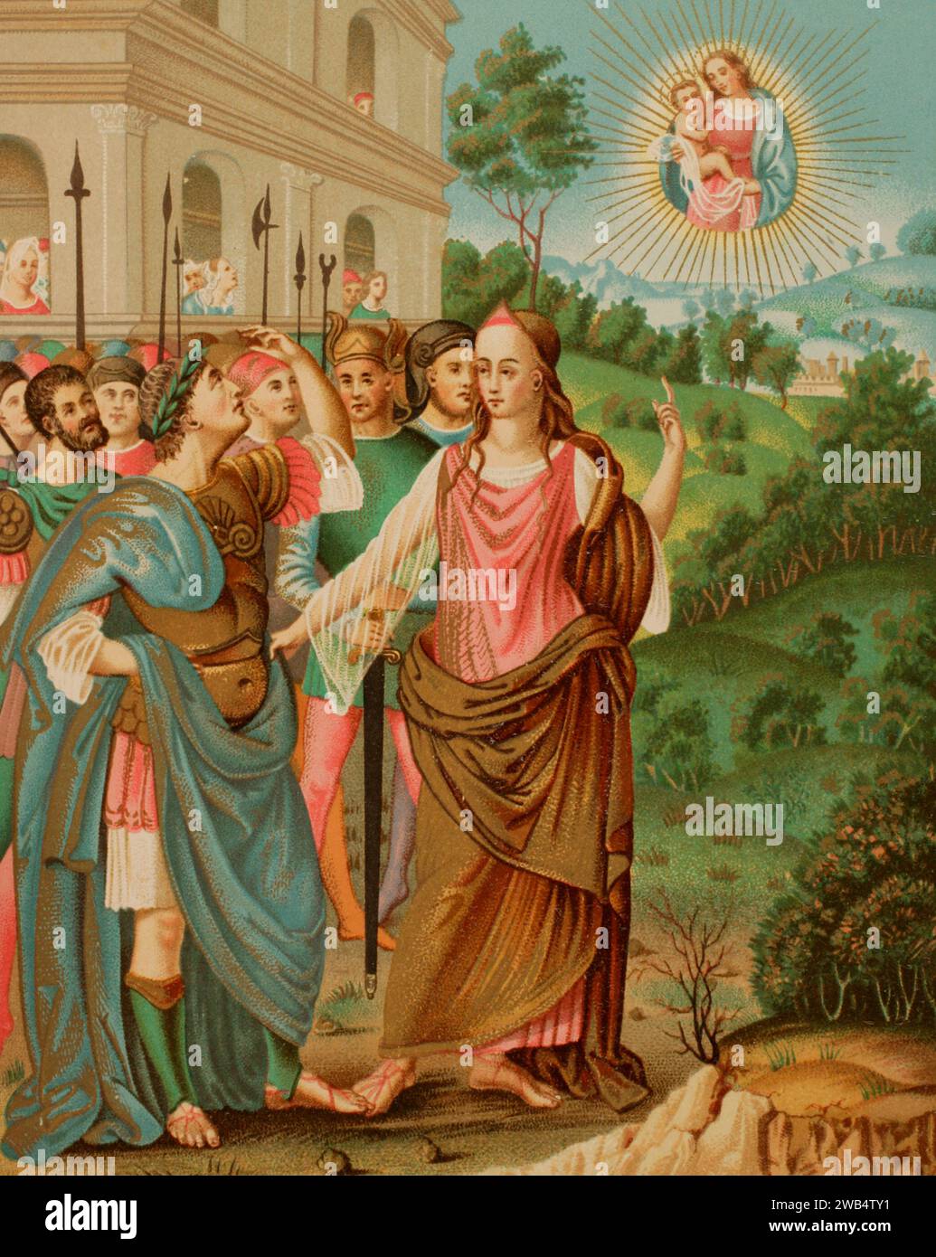 La Sibilla di Tiburtis annuncia ad Augusto la venuta di Gesù Cristo. La Vergine e il bambino che appaiono in Paradiso. Cromolitografia basata su una miniatura della Historia romana excerpta ex libris Pauli Orosii, un manoscritto italiano del XVI secolo attribuito a Giulio Clovio.o.. Sciences & Lettres au Moyen Age et à l'époque de la Renaissance. Parigi, 1877. Foto Stock