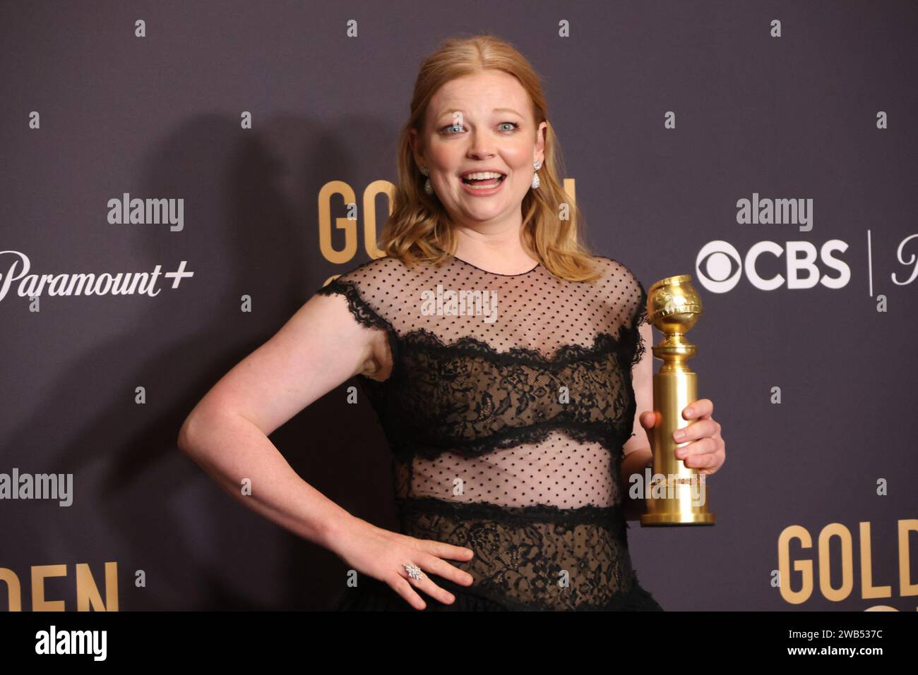 Beverly Hills, USA. 7 gennaio 2024. Sarah Snook, vincitrice del premio "Best Performance by an Actress in a Television Series" per "Succession" in sala stampa durante il 81° Golden Globe annuale al Beverly Hilton il 7 gennaio 2024 a Beverly Hills, California. Foto: Crash/imageSPACE credito: Imagespace/Alamy Live News Foto Stock