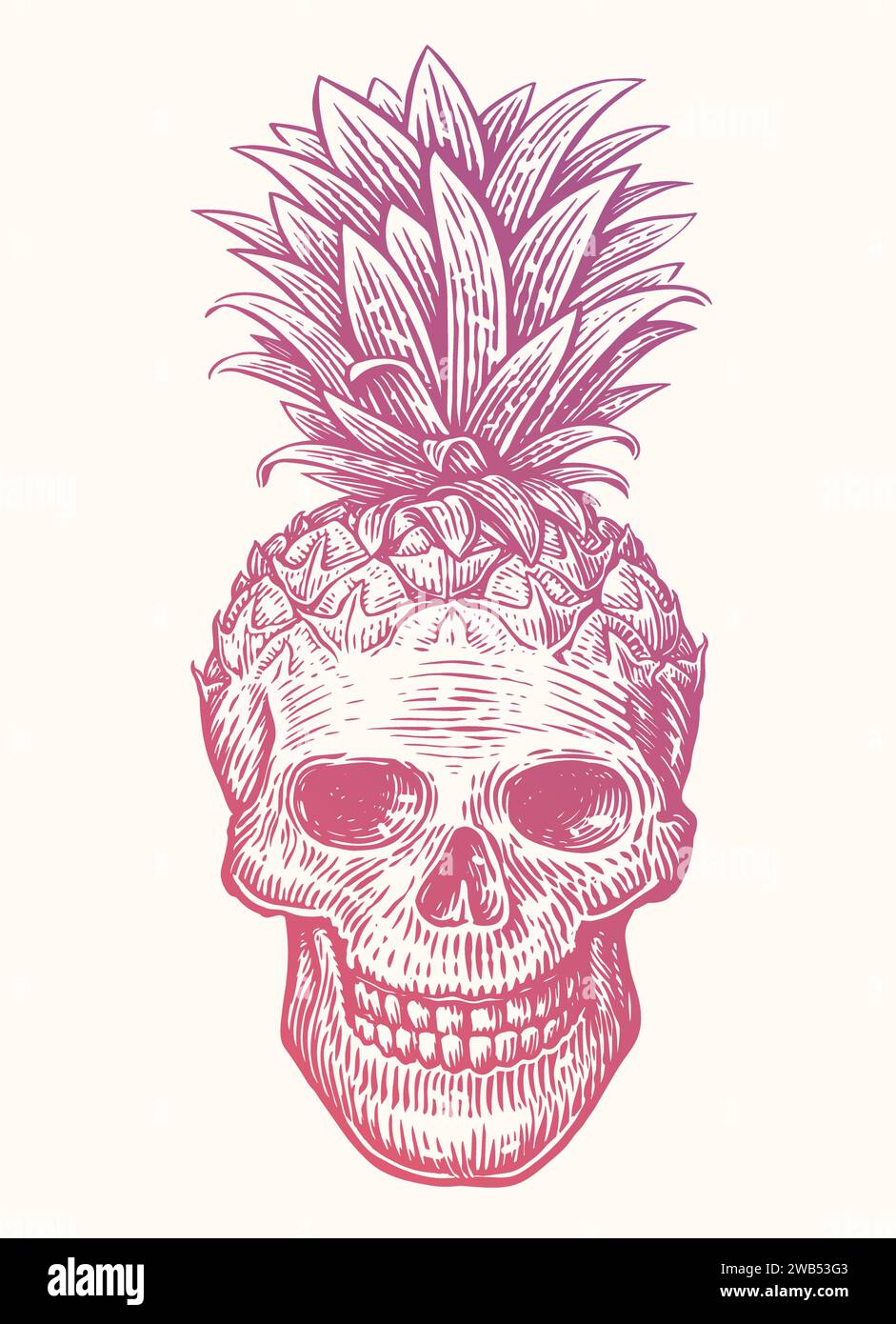 Ananas cranio umano, illustrazione vettoriale. Stampa creativa e divertente per t-shirt, poster, striscioni, tatuaggi Illustrazione Vettoriale