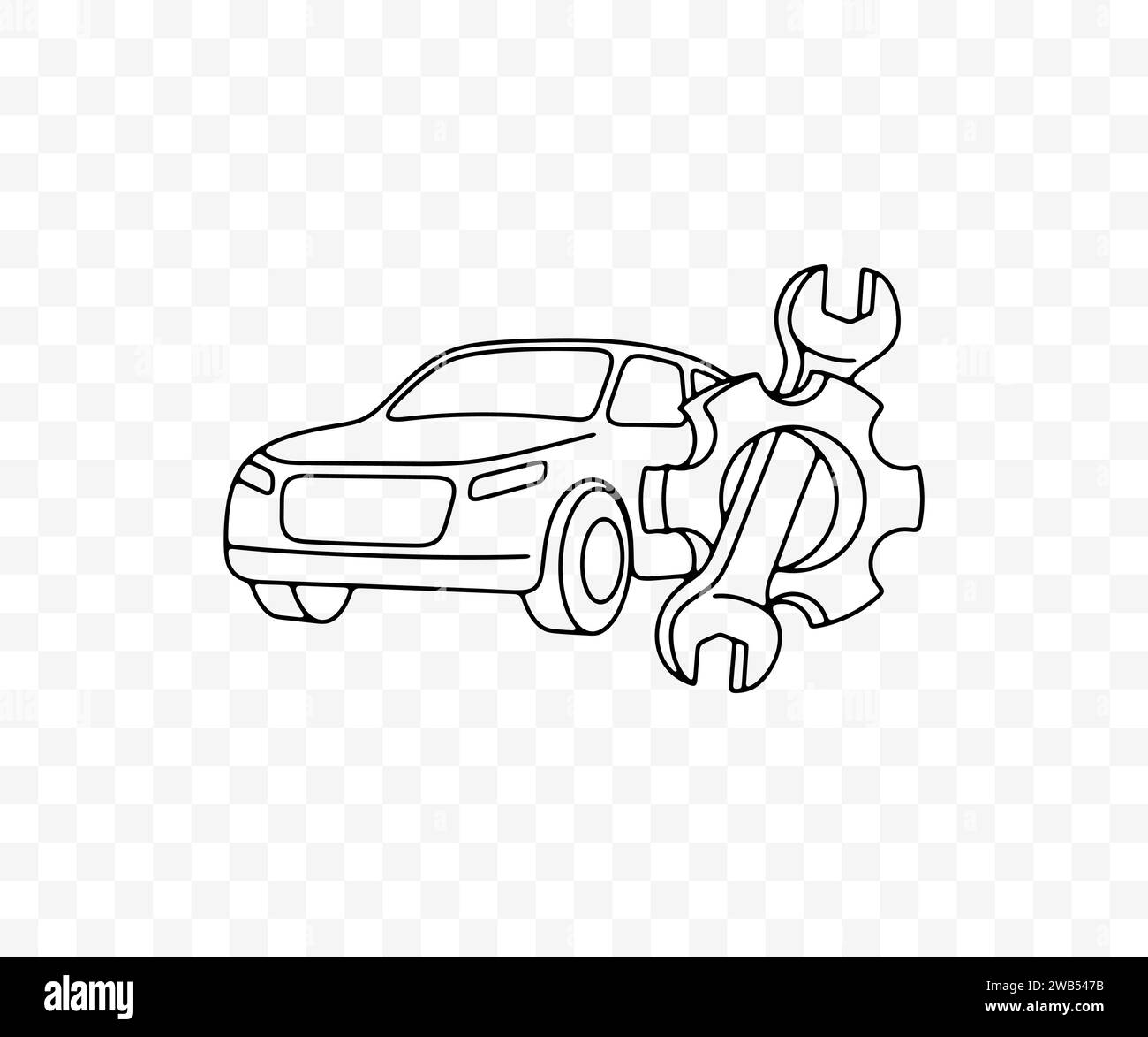 Officina di riparazione auto, auto, chiave e ingranaggio, design grafico lineare. Automobilistico, automobilistico, meccanico, trasporti e trasporti, progettazione vettoriale Illustrazione Vettoriale