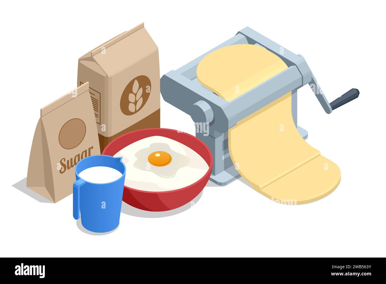 Farina isometrica di segale o di grano, macchina per impastare le lenzuola, latte, uova, panetteria, concetto di cibo tradizionale rustico. Illustrazione Vettoriale