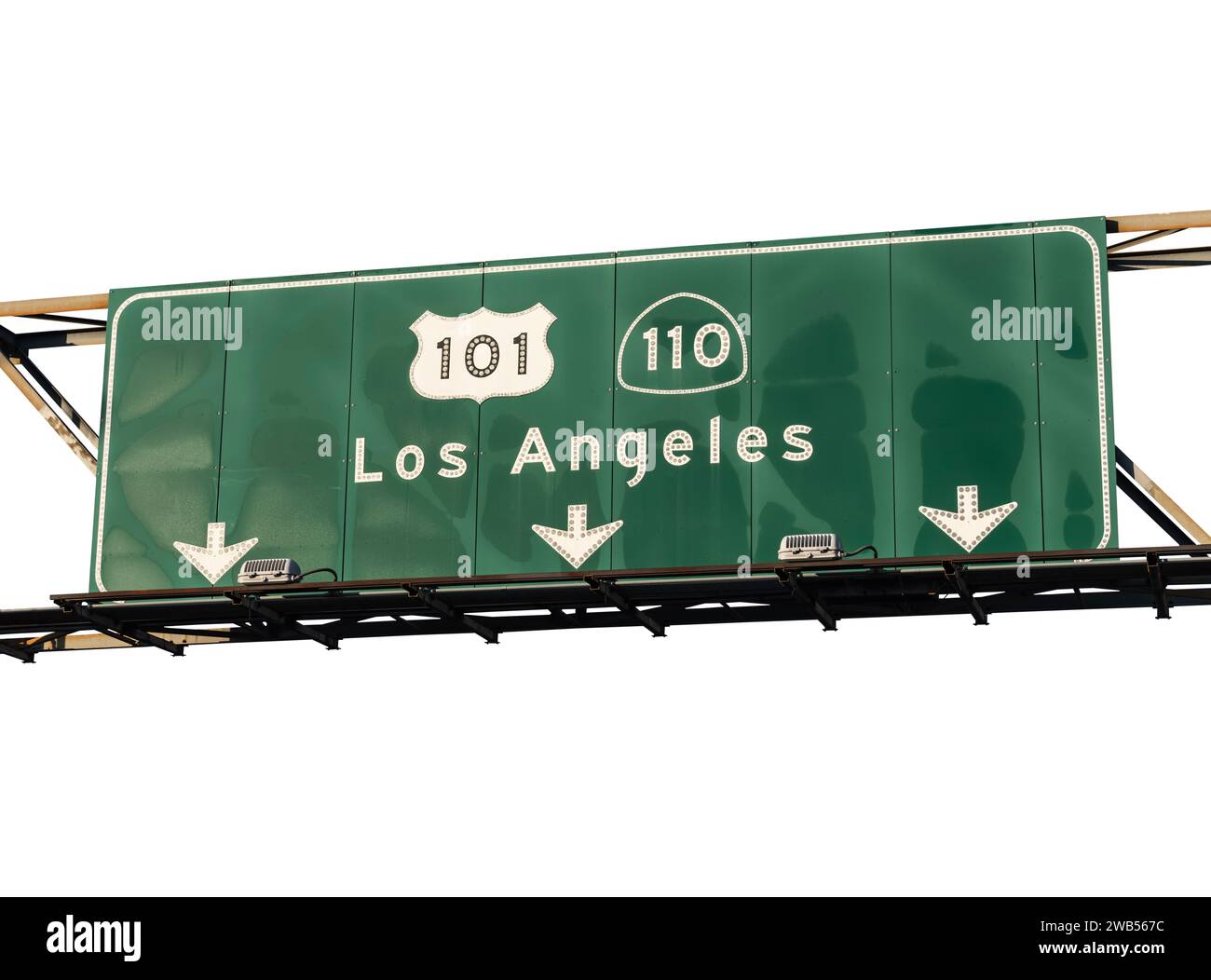 Los Angeles Route 101 e 110 cartello con la freccia sulla superstrada con sfondo ritagliato. Foto Stock