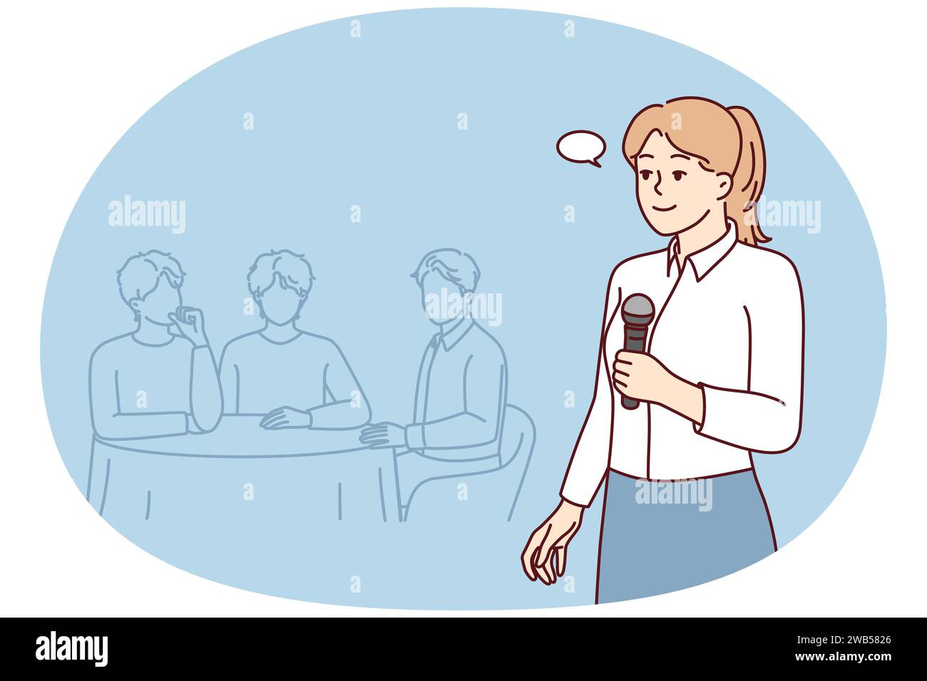 Donna con microfono lavora come ospite di quiz intellettuale in cui le squadre competono rispondendo alle domande e al brainstorming. Coach ragazza si trova vicino al tavolo con gli uomini che ascoltano la lezione. Disegno vettoriale piatto Illustrazione Vettoriale