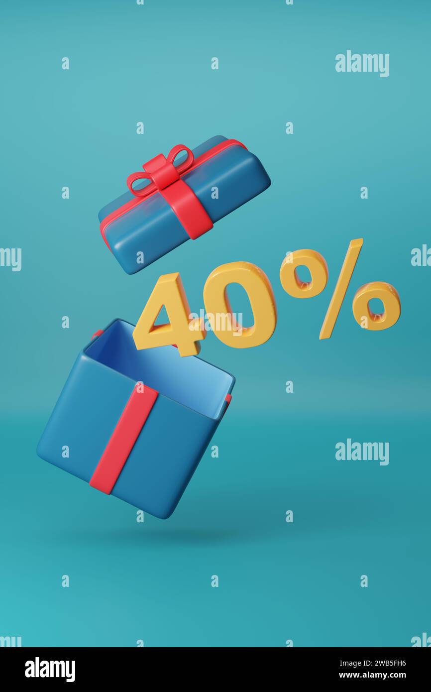 40% di testo solido proveniente da una confezione regalo su sfondo blu. illustrazione 3d. Foto Stock