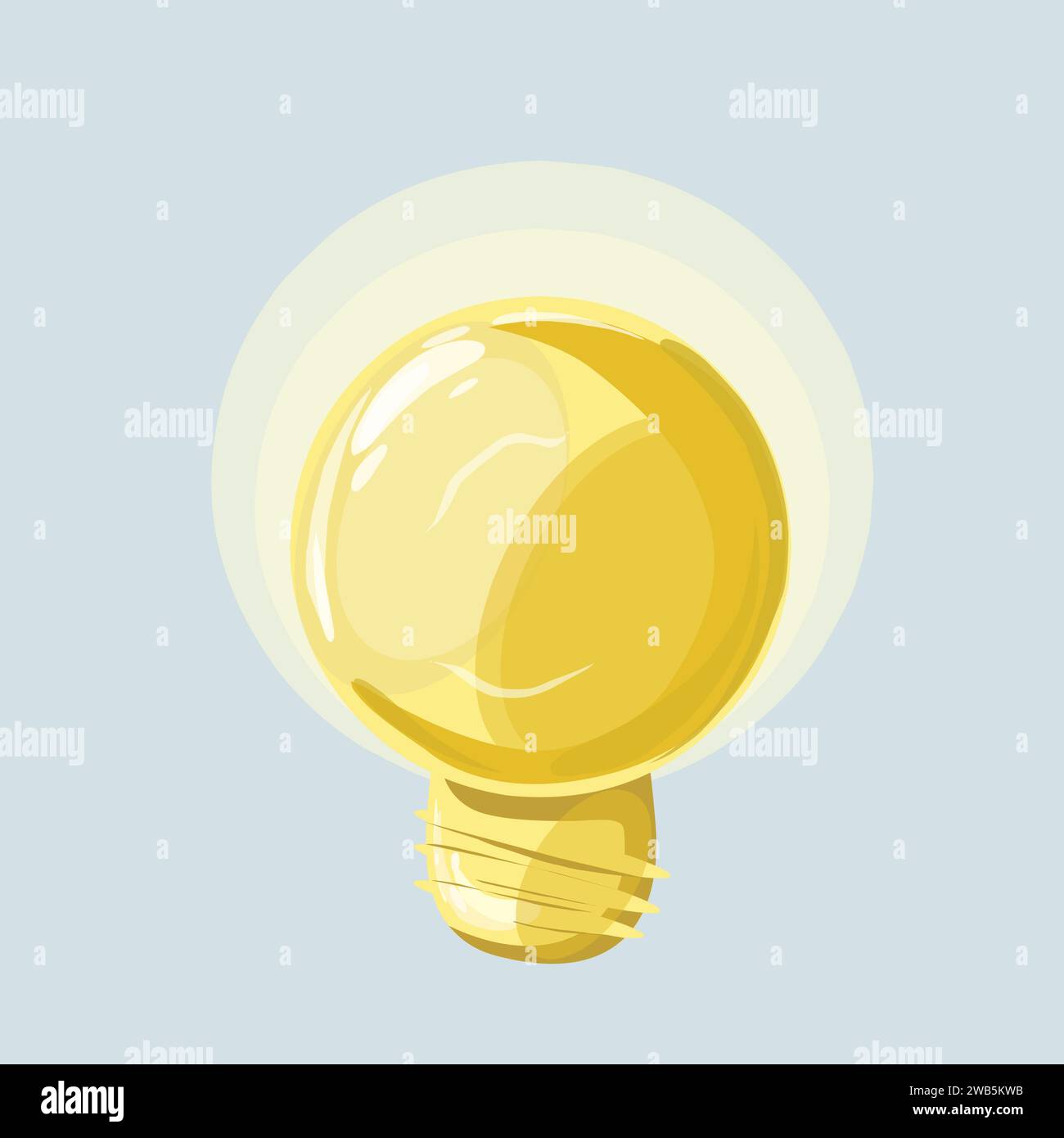 Lampadina gialla brillante con luci, ombre e alone giallo luminoso su sfondo blu. Vettore Illustrazione Vettoriale
