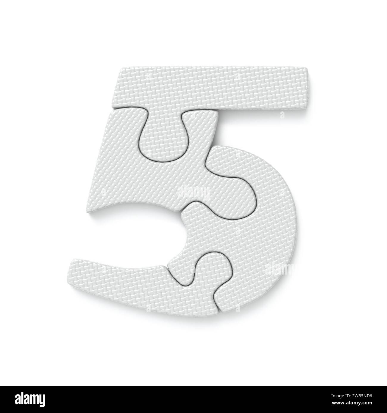 Carattere puzzle bianco numero 5 CINQUE illustrazione di rendering 3D isolata su sfondo bianco Foto Stock