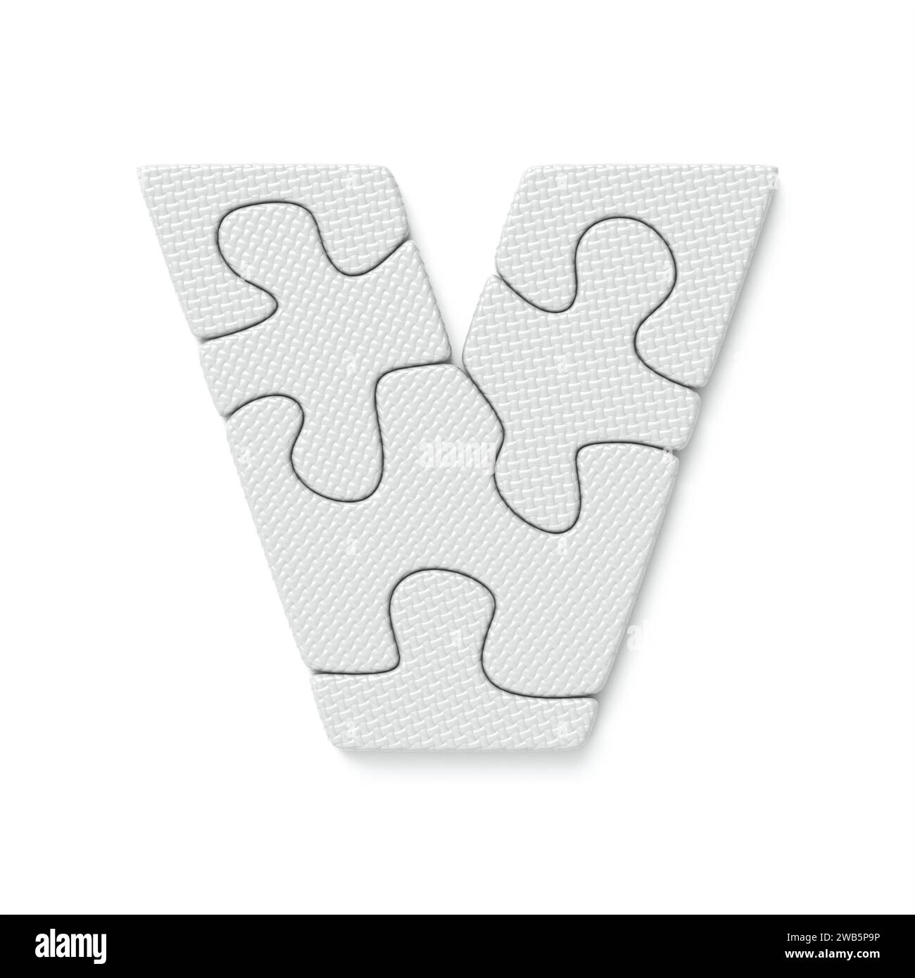 Immagine di rendering 3D lettera V carattere puzzle bianco isolato su sfondo bianco Foto Stock
