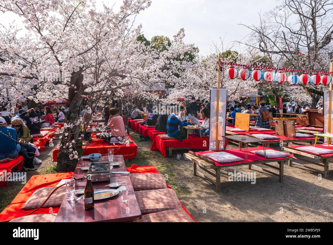 Kyoto, Giappone - marzo 27 2023: Folle di persone vengono al festival della fioritura dei ciliegi nel Parco Maruyama accanto al Santuario di Yasaka nel quartiere di Higashiyama. Foto Stock