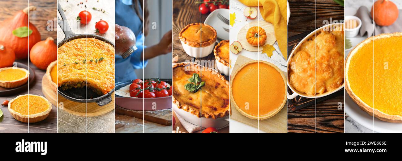 Collage di gustose torte sul tavolo Foto Stock