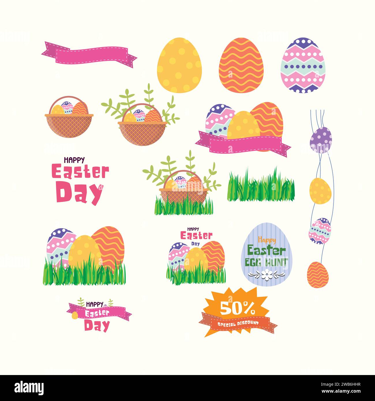 set di happy easter vector element flat design Illustrazione Vettoriale