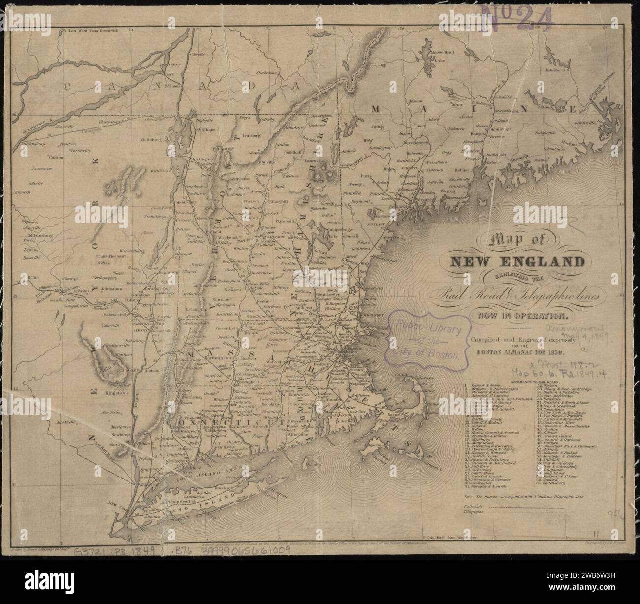 1849 Mappa del New England che espone le linee ferroviarie stradali e telegrafiche attualmente in funzione da Brown & Hastings, George W. Boynton, Coolidge & Wiley, Foto Stock