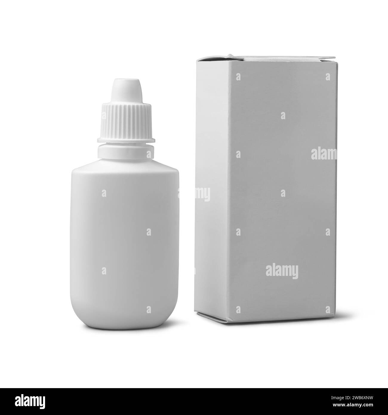 flacone spray nasale vuoto con scatola di cartone, flacone di plastica con gocce di spremitura per farmaci per il trattamento di allergie, congestione o sinusite, mockup Foto Stock