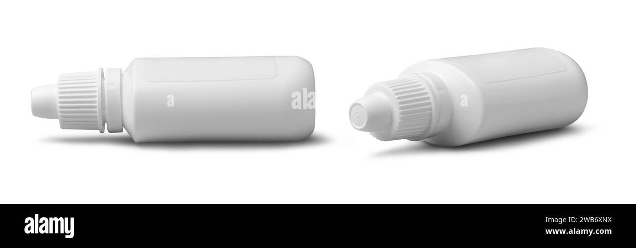 set di flaconi spray nasali con etichetta vuota, flacone di plastica con gocce di spremitura per farmaci per il trattamento di allergie, congestione o sinusite, templa mockup Foto Stock