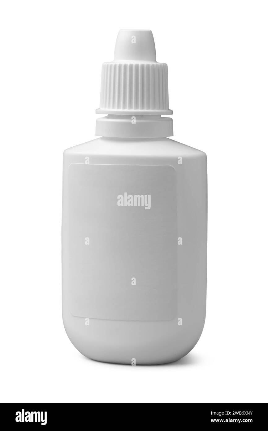 primo piano del flacone spray nasale con etichetta vuota, flacone di plastica con gocce di spremitura per farmaci per il trattamento di allergie, congestione o sinusite, mockup Foto Stock
