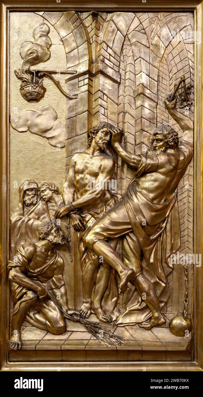The Scourging of Jesus at the Pillar – una scultura di rilievo. Chiesa di San Giles (Kirche St Ägyd) a Gumpendorf, Vienna. Foto Stock