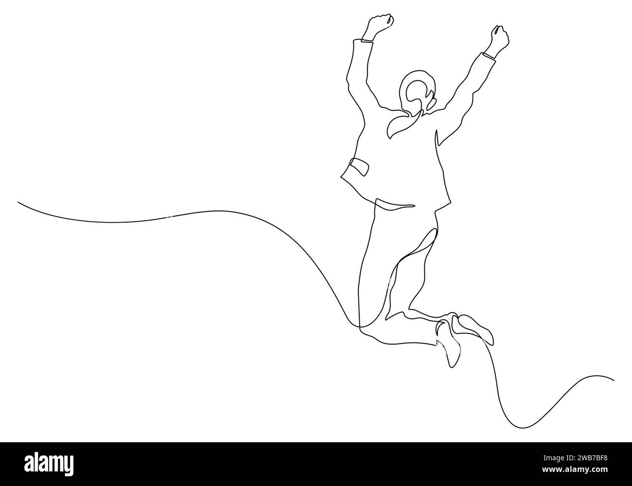 una donna d'affari felice a mezz'aria che salta con successo festeggiando il trionfo si alza la linea continua Illustrazione Vettoriale