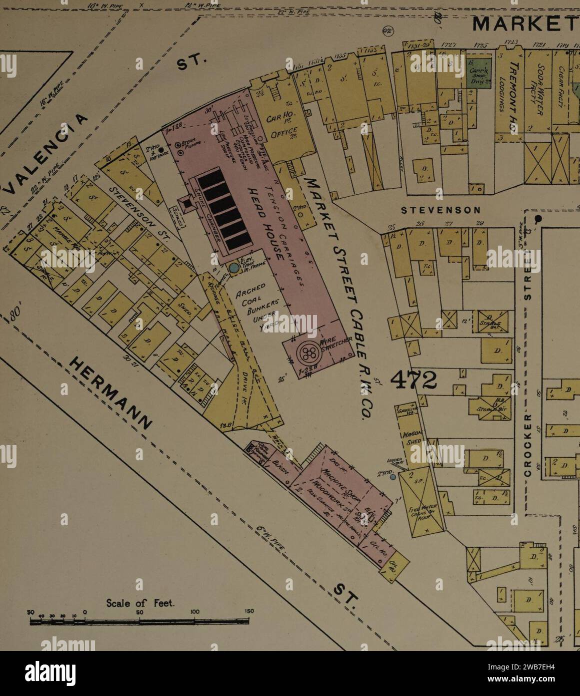 ''MARKET STREET CABLE R. W. CO.'' in dettaglio mappa 1889, Sanborn Fire Insurance Map from San Francisco, San Francisco County, California. Foto Stock