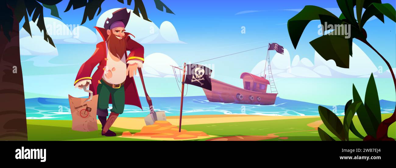 Il pirata si trova sulla spiaggia con una mappa del tesoro sull'uncino. Cartoni animati vettoriali raffiguranti un uomo barbuto in tuta corsaro, bandiera nera jolly roger e pala in S. Illustrazione Vettoriale