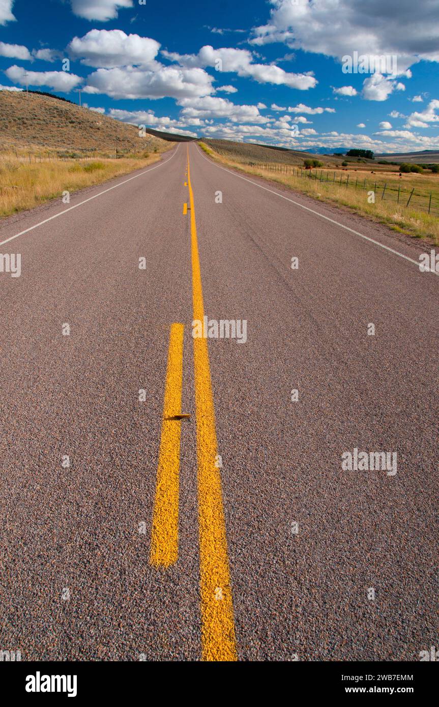 Strada rurale nella valle di cavallette, Pioneer Mountains National Scenic Byway, Beaverhead County, Montana Foto Stock