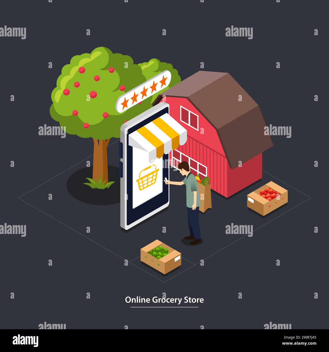 Un'illustrazione vettoriale del concetto Isometric Online Grocery Store Illustrazione Vettoriale