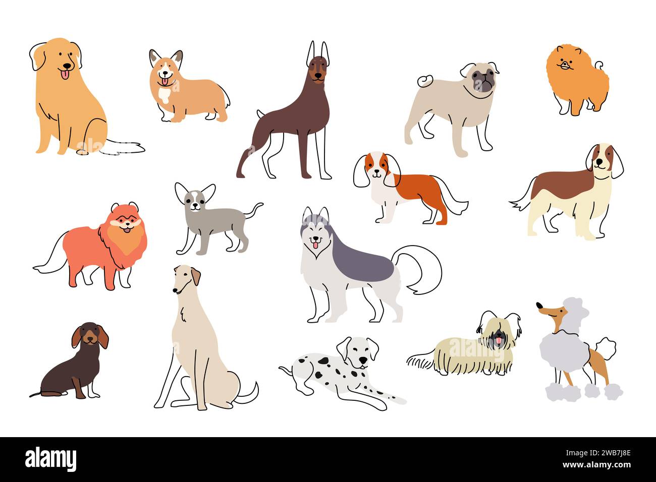 Un'illustrazione vettoriale di diverse icone di cute Dogs Illustrazione Vettoriale
