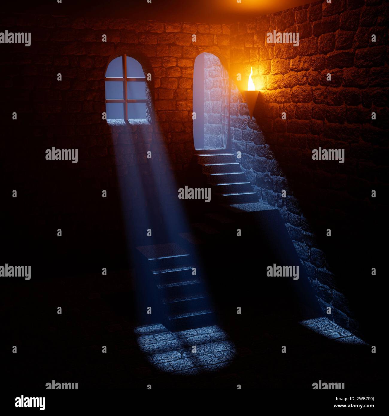 All'interno di un vecchio castello di pietra di notte al chiaro di luna. Foto Stock