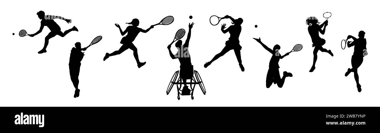 Silhouette di uomini sportivi, donne tennisti. Illustrazione Vettoriale