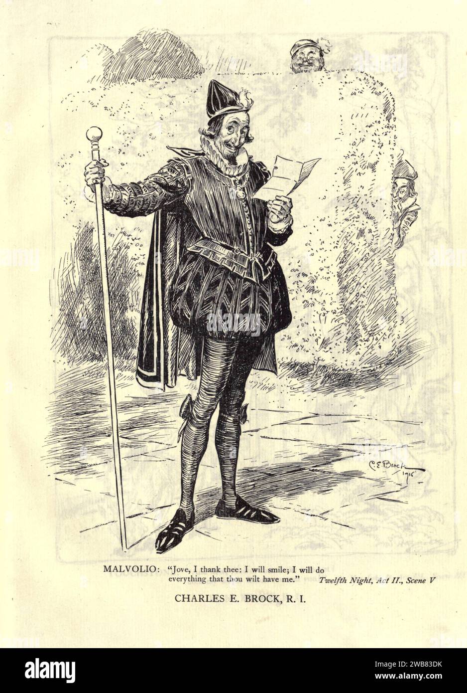 Malvolio Giove, ti ringrazio: Sorriderò, farò tutto ciò che tu mi vorrai. Dodicesima notte, atto III SC. iii. Di CHARLES E. BROCK, R.I. A Tribute to the Genius of William Shakespeare; essere il programma di una rappresentazione al Drury Lane Theatre il 2 maggio 1916, il tercentenario della sua morte; umilmente offerto dai giocatori e dai loro colleghi nelle arti affini della musica e della pittura MACMILLAN AND CO., LIMITED ST. MARTIN'S STREET, LONDRA 1916 Foto Stock