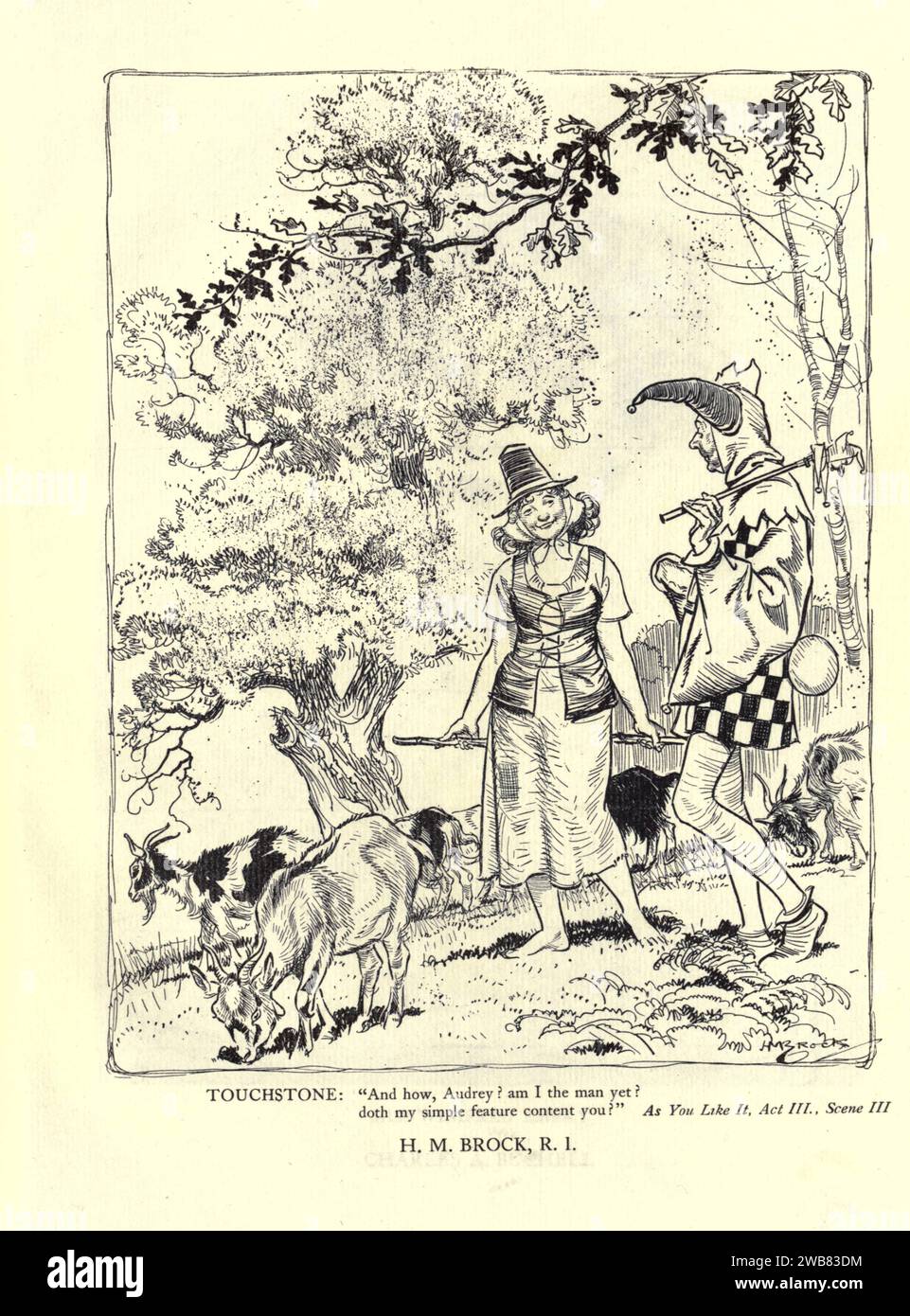 Touchstone. E come, Audrey? Sono già io l'uomo? vuoi contenuti semplici? Come ti piace, atto iii, SC. iii from A Tribute to the Genius of William Shakespeare; essendo il programma di una performance al Drury Lane Theatre il 2 maggio 1916, il tercentenario della sua morte; umilmente offerto dai giocatori e dai loro colleghi nelle arti affini della musica e della pittura MACMILLAN AND CO., LIMITED ST. MARTIN'S STREET, LONDRA 1916 Foto Stock