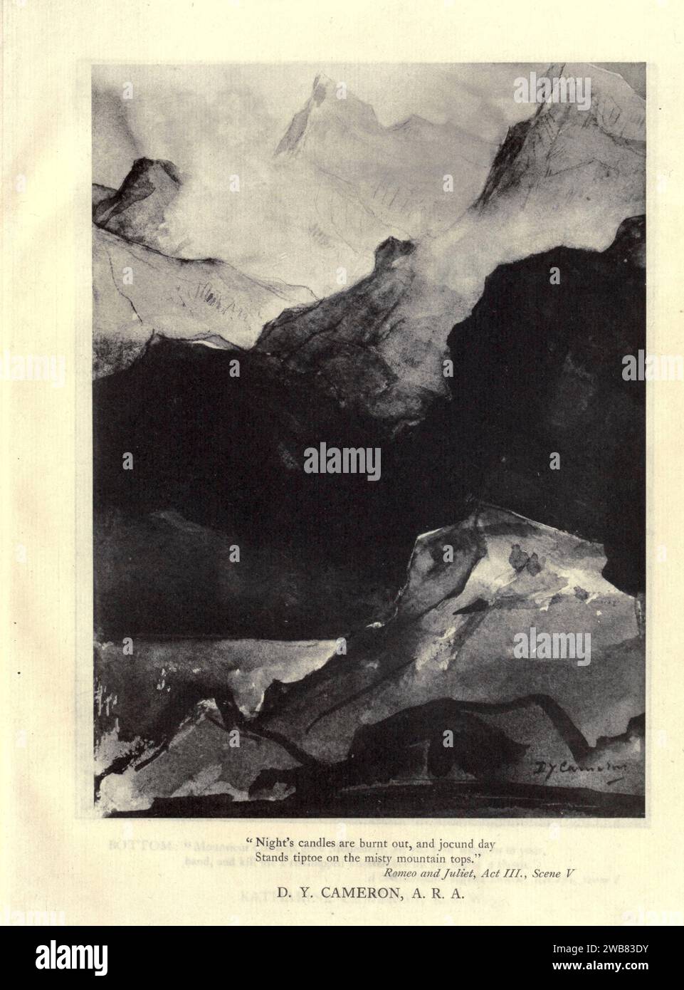 Le candele notturne sono bruciate e il giorno del jocund si erge in punta di piedi sulle cime nebbiose delle montagne. Romeo e Giulietta, atto iii, SC. v di D. Y. CAMERON, A.R.A. da Un tributo al genio di William Shakespeare; essere il programma di una rappresentazione al Drury Lane Theatre il 2 maggio 1916, il tercentenario della sua morte; umilmente offerto dai giocatori e dai loro colleghi nelle arti affini della musica e della pittura MACMILLAN AND CO., LIMITED ST. MARTIN'S STREET, LONDRA 1916 Foto Stock
