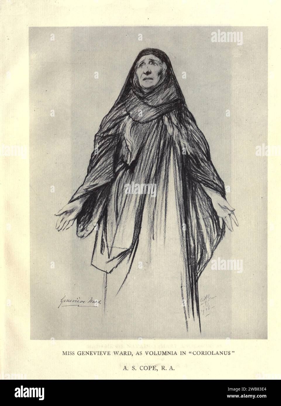 Miss Genevieve Ward nel ruolo di Volumnia in Coriolanus di A. S. COPE, Lucy Geneviève Teresa Ward, Contessa di Guerbel, DBE (27 marzo 1837 – 18 agosto 1922), nota anche come Dame Geneviève Ward, da Un tributo al genio di William Shakespeare; essendo il programma di una performance al Drury Lane Theatre il 2 maggio 1916, il tercentenario della sua morte; umilmente offerto dai giocatori e dai loro colleghi nelle arti affini della musica e della pittura MACMILLAN E CO., LIMITED ST. MARTIN'S STREET, LONDRA 1916 Foto Stock