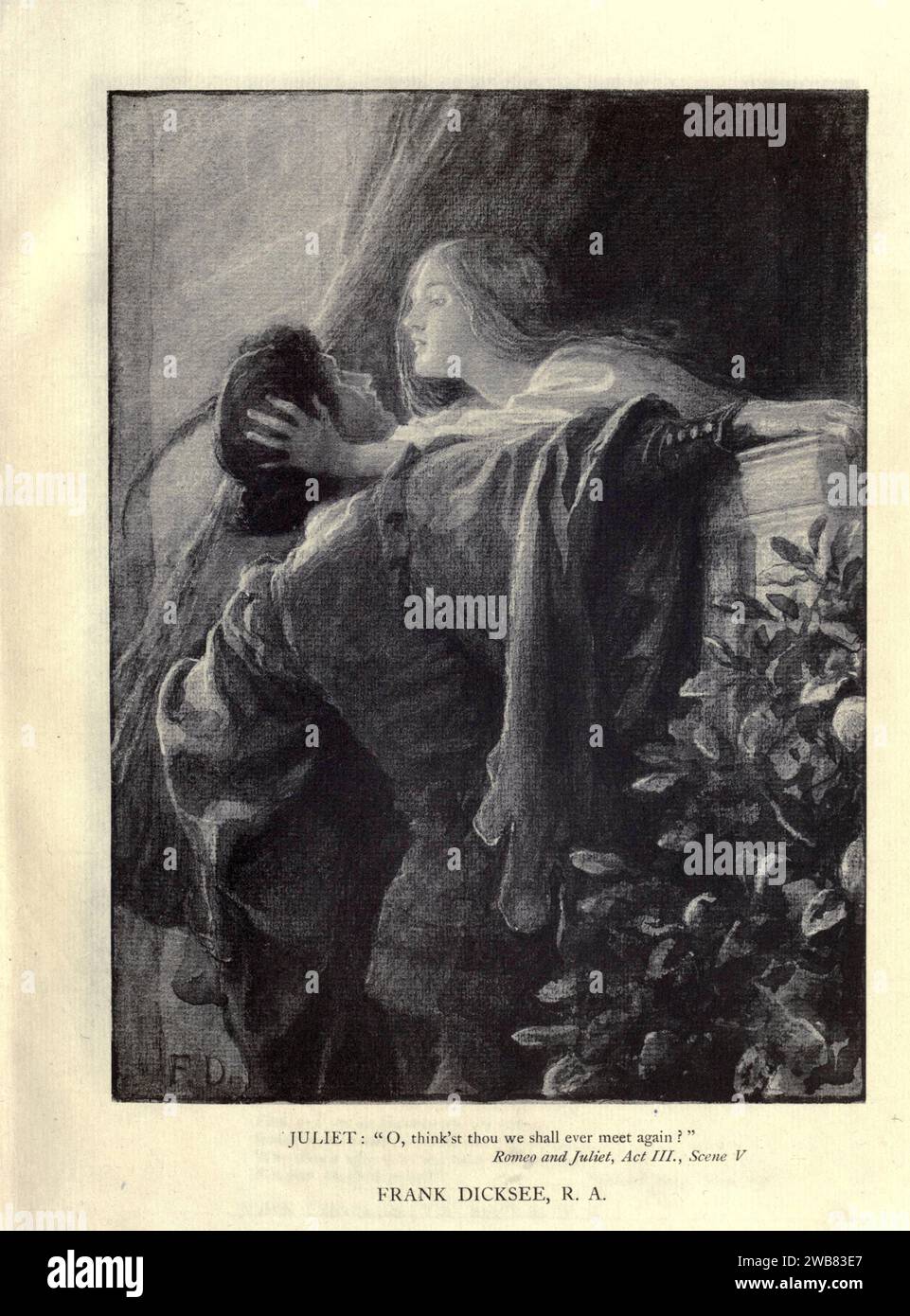 Juliet. O, pensi che ci incontreremo mai più? Romeo e Giulietta, atto iii, SC. v. di FANK DICKSEE da Un tributo al genio di William Shakespeare; essere il programma di una rappresentazione al Drury Lane Theatre il 2 maggio 1916, il tercentenario della sua morte; umilmente offerto dai giocatori e dai loro colleghi nelle arti affini della musica e della pittura MACMILLAN AND CO., LIMITED ST. MARTIN'S STREET, LONDRA 1916 Foto Stock
