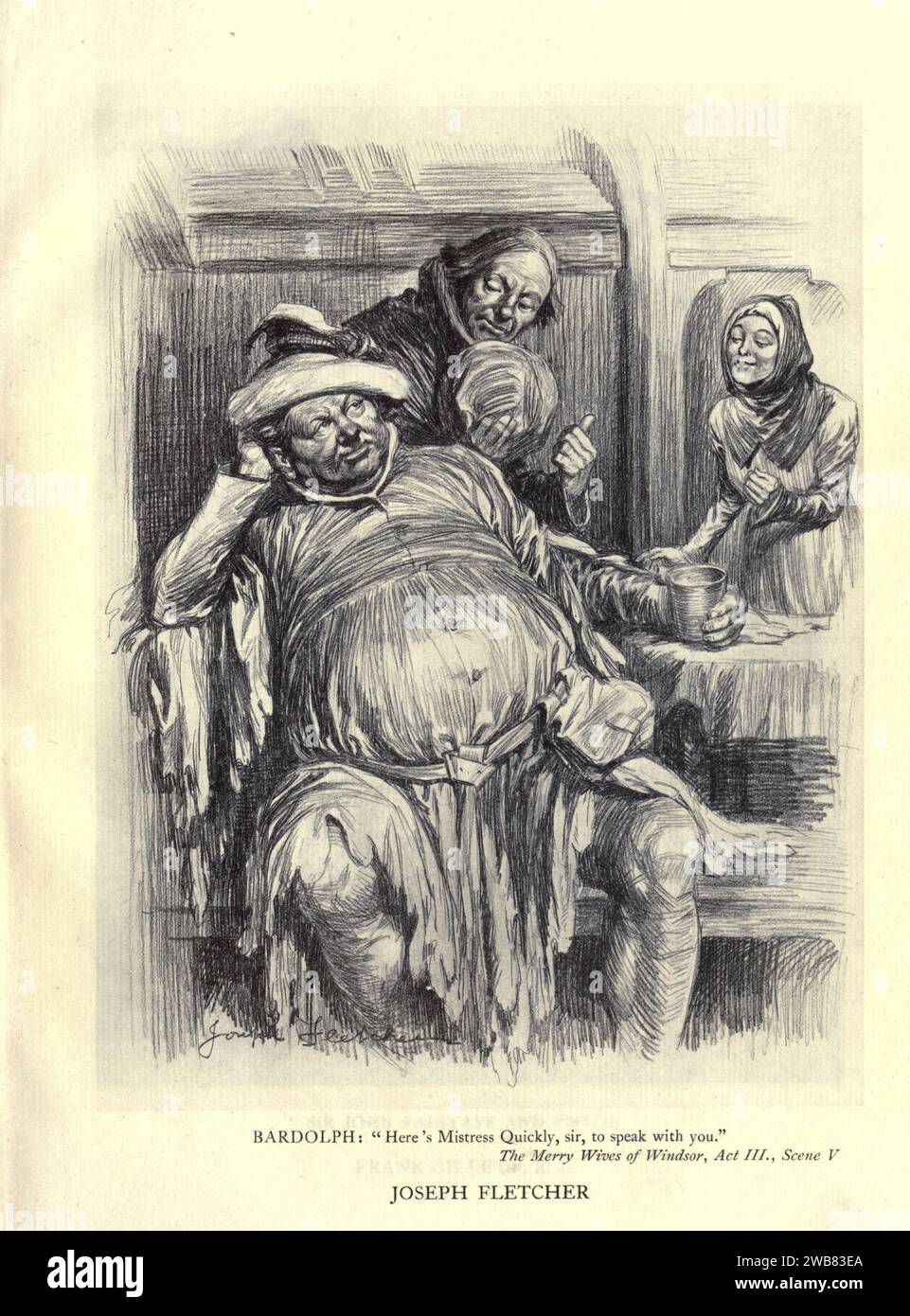 Ecco la signora in fretta, signore, per parlare con lei. Merry Wives of Windsor, atto iii. SC. v di JOSEPH FLETCHER da Un tributo al genio di William Shakespeare; essere il programma di una rappresentazione al Drury Lane Theatre il 2 maggio 1916, il tercentenario della sua morte; umilmente offerto dai giocatori e dai loro colleghi nelle arti affini della musica e della pittura MACMILLAN AND CO., LIMITED ST. MARTIN'S STREET, LONDRA 1916 Foto Stock