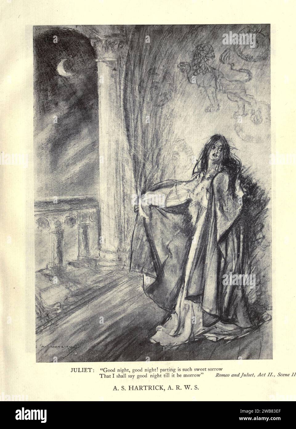 Juliet. Buona notte, buona notte! Separarsi è così dolce dolore che dirò buona notte fino a domani. Romeo e Giulietta, atto 11. SC. ii. Di A. S. HARTRICK da Un tributo al genio di William Shakespeare; essere il programma di una rappresentazione al Drury Lane Theatre il 2 maggio 1916, il tercentenario della sua morte; umilmente offerto dai giocatori e dai loro colleghi nelle arti affini della musica e della pittura MACMILLAN AND CO., LIMITED ST. MARTIN'S STREET, LONDRA 1916 Foto Stock