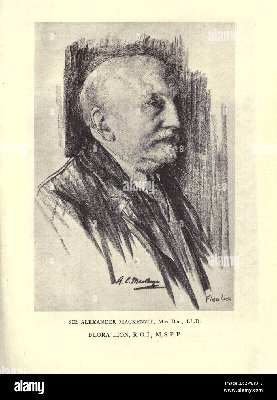 Ritratto di Sir Alexander Mackenzie. Di FLORA LION da Un tributo al genio di William Shakespeare; essere il programma di una rappresentazione al Drury Lane Theatre il 2 maggio 1916, il tercentenario della sua morte; umilmente offerto dai giocatori e dai loro colleghi nelle arti affini della musica e della pittura MACMILLAN AND CO., LIMITED ST. MARTIN'S STREET, LONDRA 1916 Foto Stock